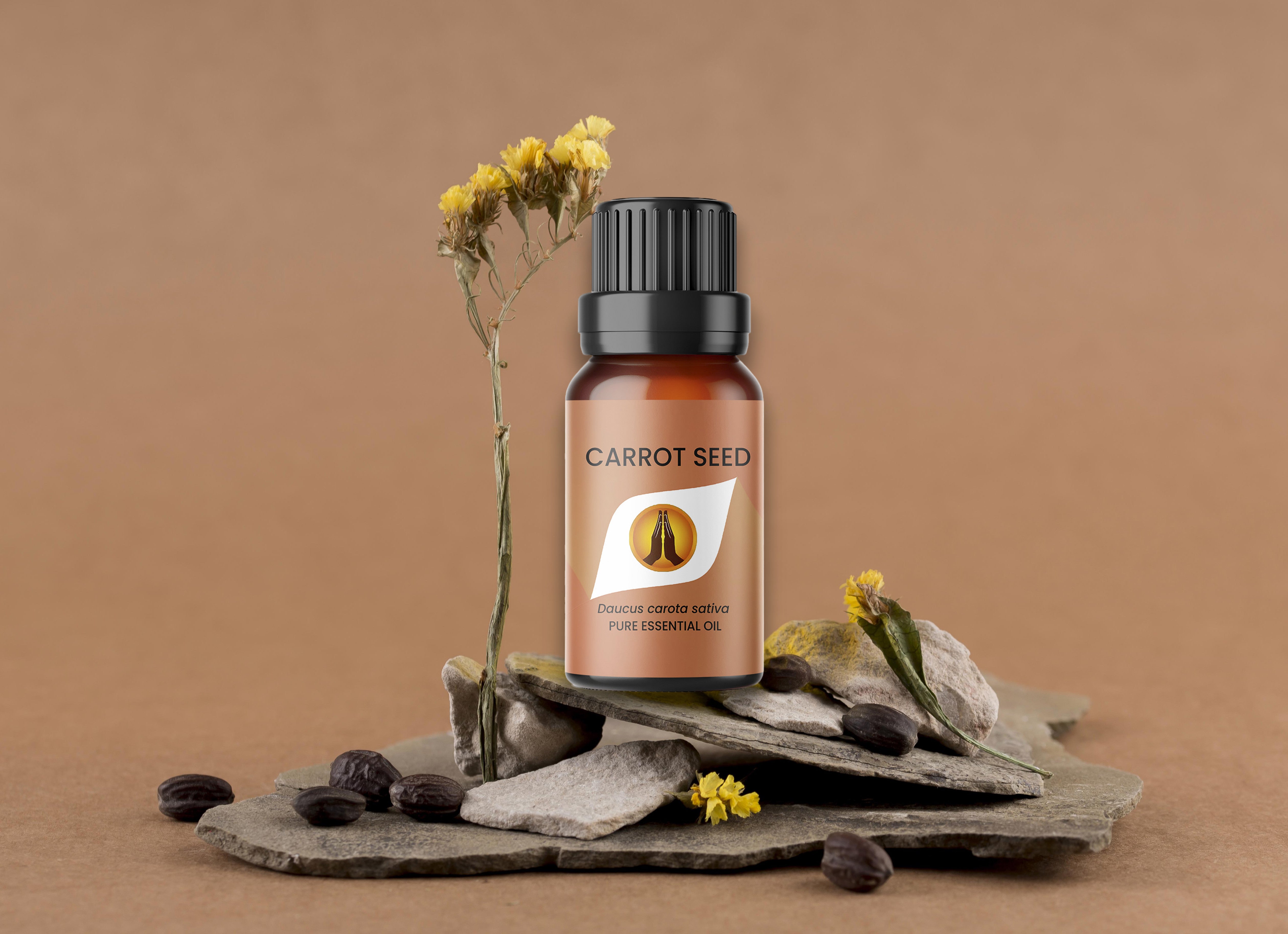 Bottle of carrot seed essential oil with seeds and dried wildflowers on slate