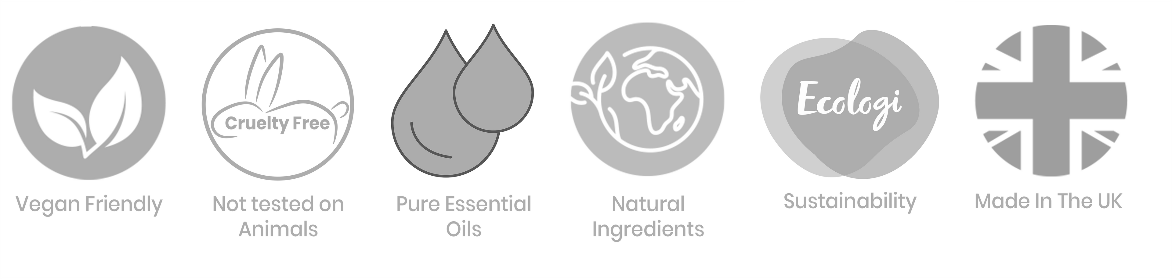 vegan friendly, cruelty free, natural ingredients, sustainable, made in the uk logos