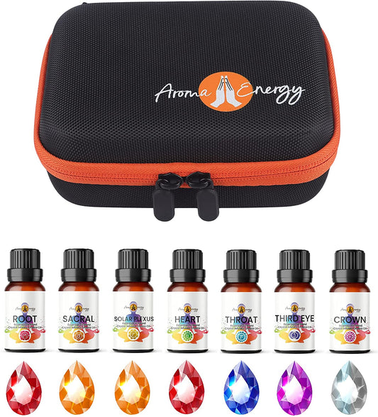 Essential Oil Gift Set Travel Case with pack of 7X 10ml Chakra Oil Blends - Root, Sacral, Solar Plexus, Heart, Throat, Third Eye & Crown - Aroma Energy