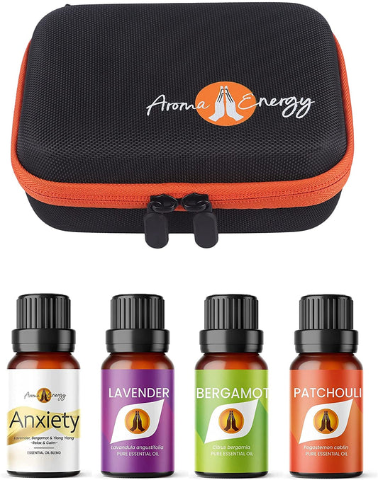 Essential Oil Gift Set Travel Case with pack of 4 x 10ml oils for Anxiety - Anxiety, Lavender, Bergamot, Patchouli - Aroma Energy