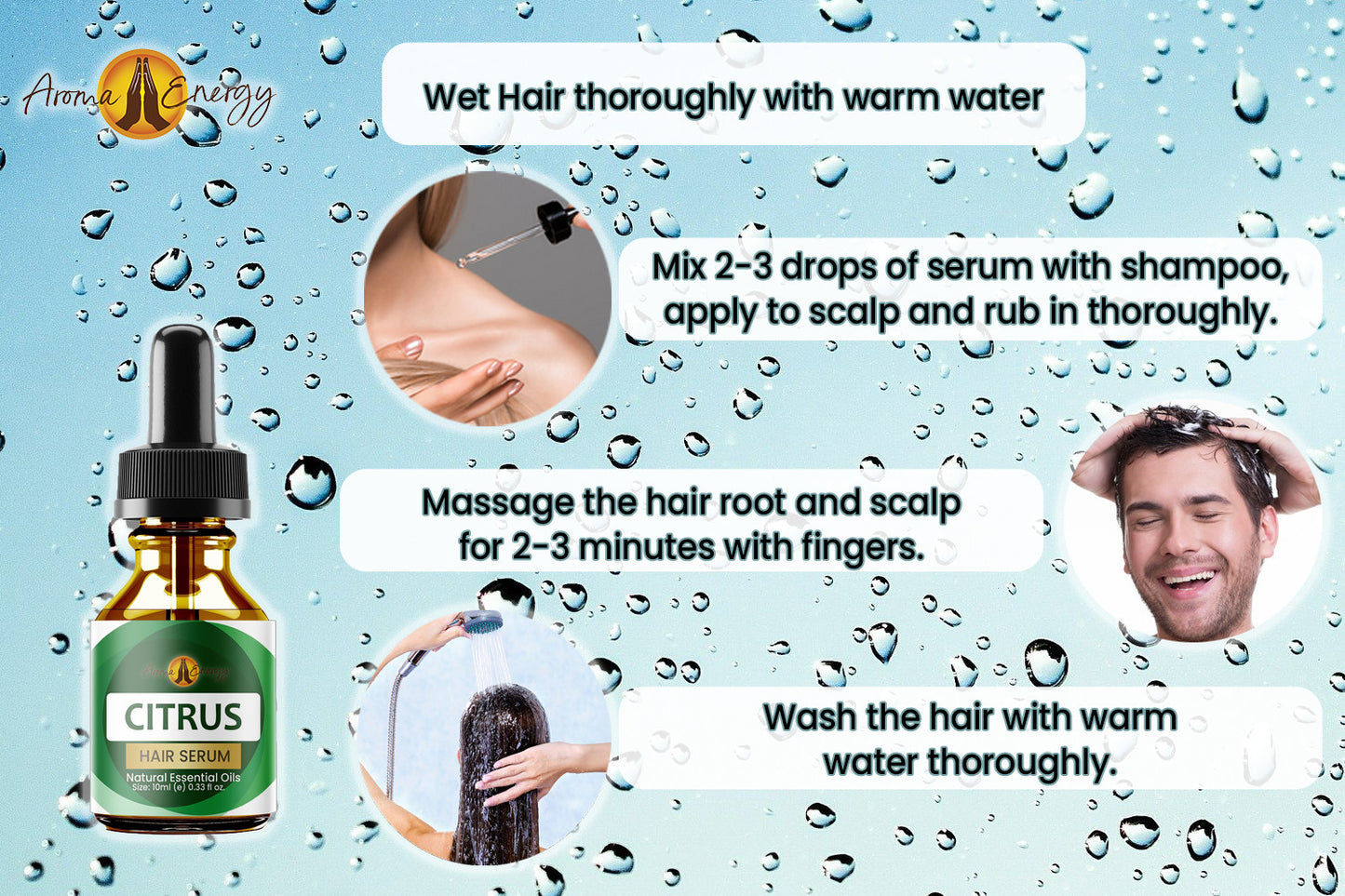 Essential Oil Hair Serum - Natural - Contains Grapeseed, Castor and Vitamin E Oils - Aroma Energy