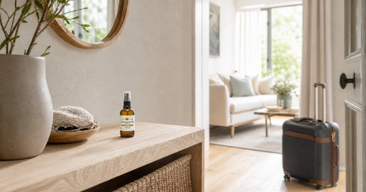 Aroma Energy Lemongrass Spray Mist on a hallway console table beside a suitcase, with a bright living room behind.