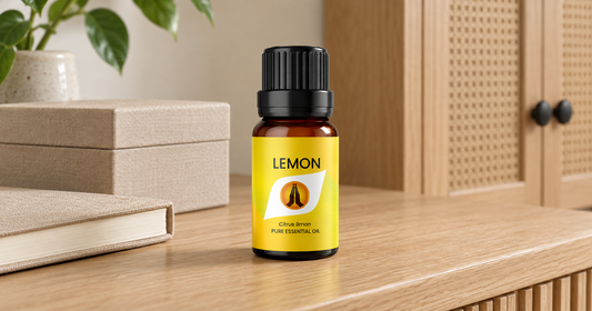 Aroma Energy Lemon Pure Essential Oil bottle on a wooden surface beside a storage box and cupboard.
