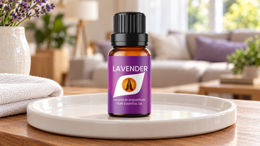 Capped Aroma Energy Lavender Pure Essential Oil bottle on a raised-rim glazed tray on a wooden sideboard