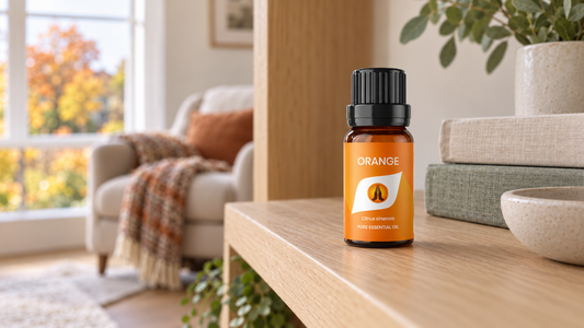 Capped Aroma Energy Orange Pure Essential Oil bottle on a light oak shelf beside linen-bound books in a bright living room