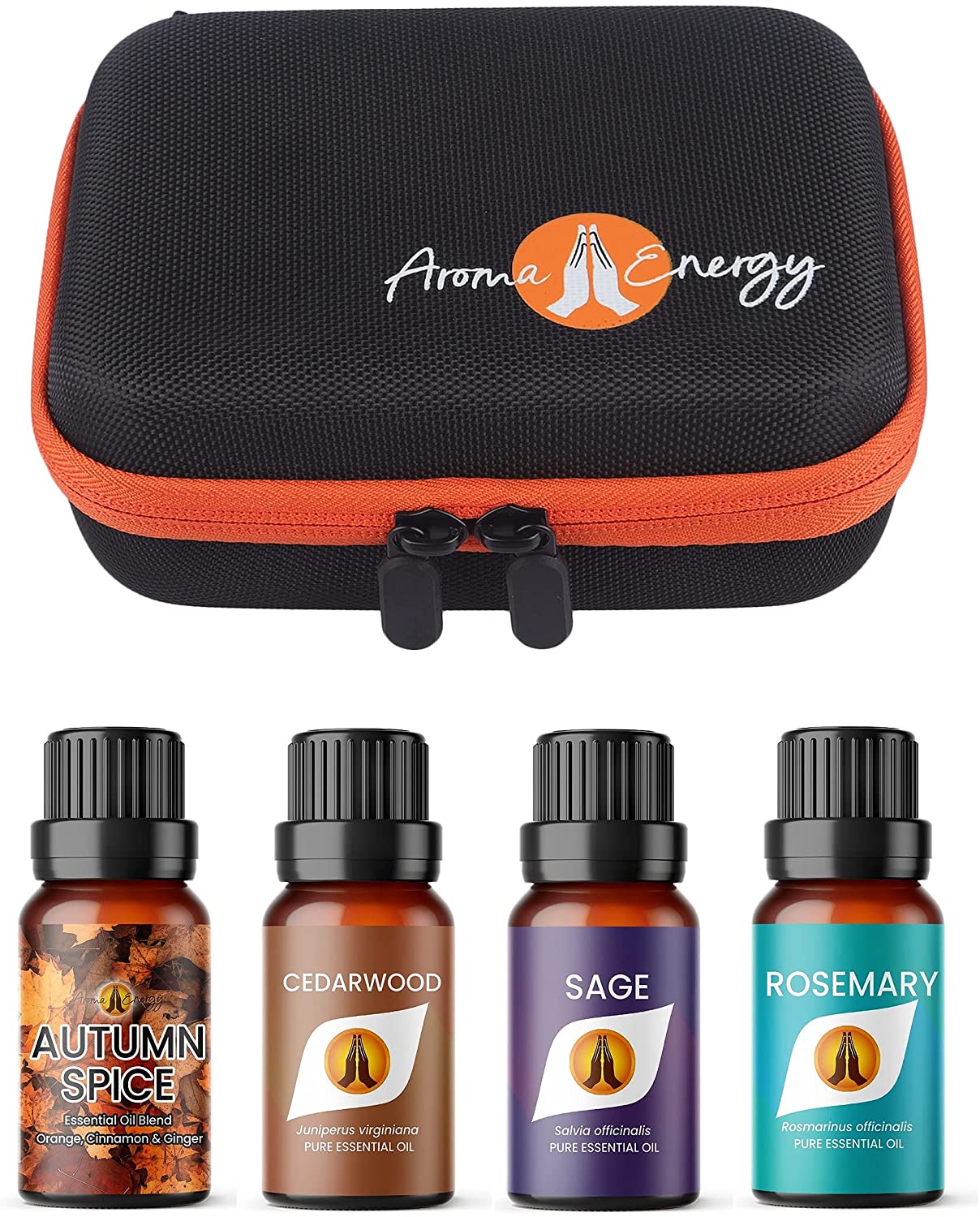 Essential Oil Gift Set Travel Case with pack of 4 x 10ml oils Autumn Essential Oils - Autumn Spice, Cedarwood, Sage, Rosemary - Aroma Energy