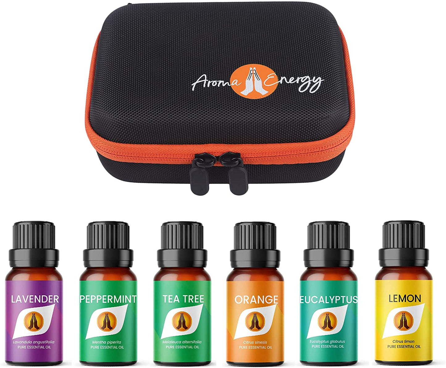 Essential Oil Gift Set Travel Case with pack of 6 x 10ml oils - Lavender, Peppermint, Tea Tree, Orange, Eucalyptus, Lemon - Aroma Energy