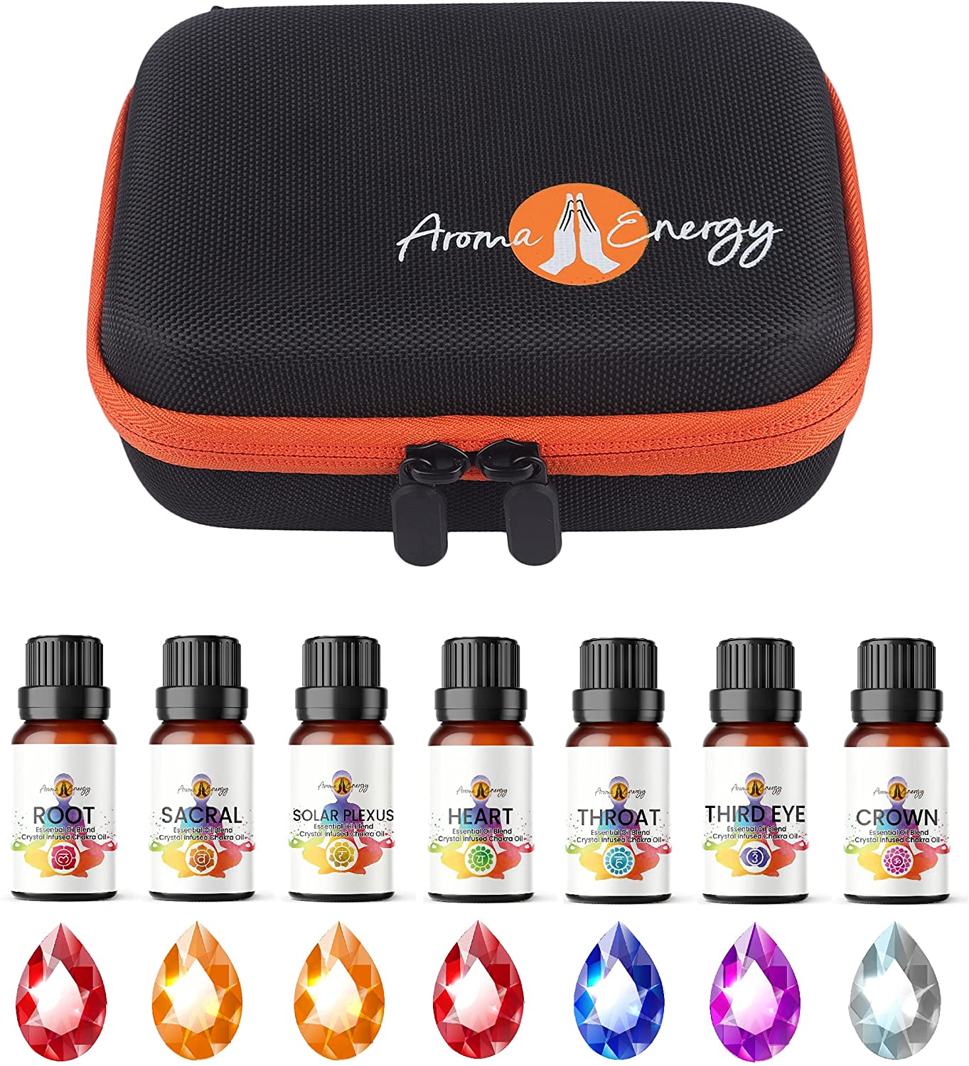 Essential Oil Gift Set Travel Case with pack of 7X 10ml Chakra Oil Blends - Root, Sacral, Solar Plexus, Heart, Throat, Third Eye & Crown - Aroma Energy