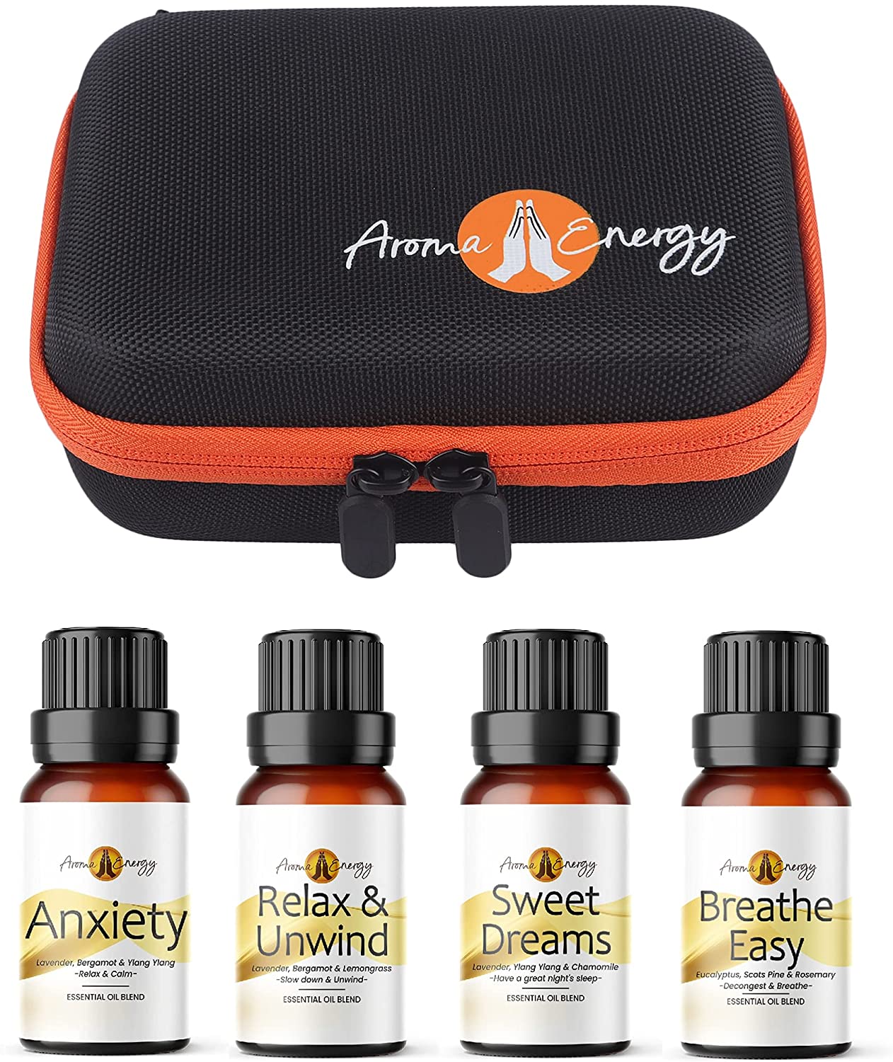 Essential Oil Gift Set Travel Case with pack of 4 x 10ml Life Essential Oil blends - Anxiety, Sweet Dreams, Relax & Unwind, Breathe Easy - Aroma Energy