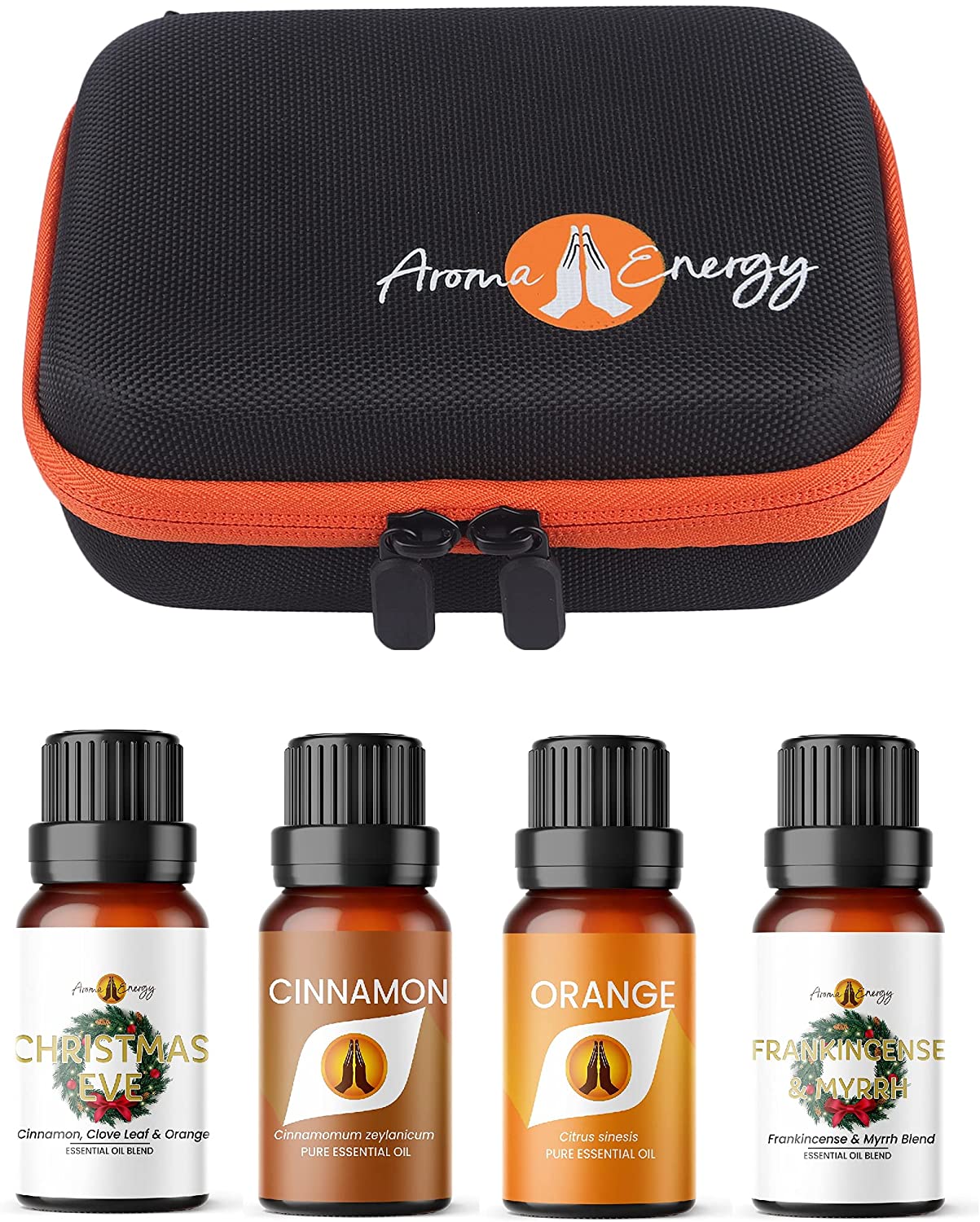 Essential Oil Gift Set Travel Case with pack of 4 x 10ml Christmas Essential Oil - Christmas Eve, Cinnamon, Orange & Frankincense & Myrrh - Aroma Energy