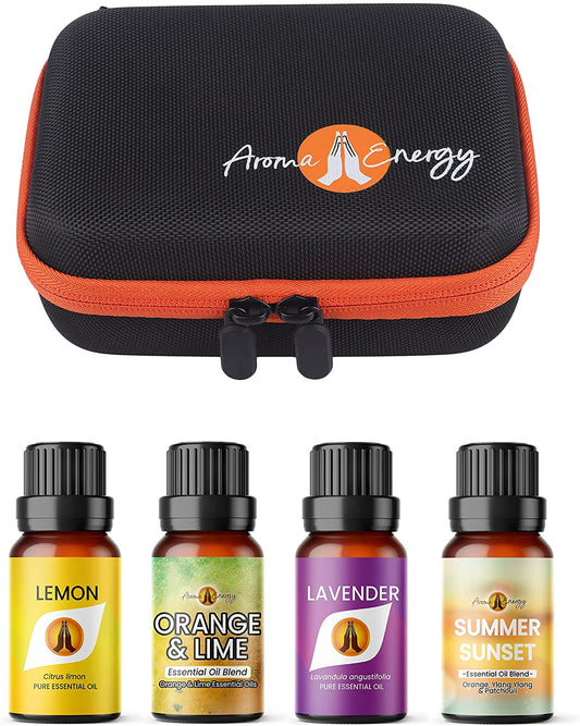 Essential Oil Gift Set Travel Case with pack of 4 x 10ml Summer Essential Oils  - Lemon, Orange & Lime, Lavender, Summer Sunset - Aroma Energy